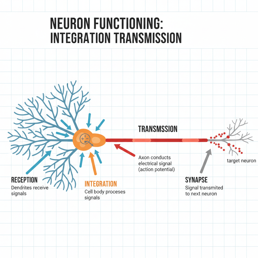 NEURON FUNCTIONING: INTEGRATION TRANSMISSION. RECEPTION Dendrites receive signals. INTEGRATION Cell body proceses signals. TRANSMSSION Axon conducts electrical signal (action potential). SYNAPSE Signal transmited to next neuron. target neuron.
